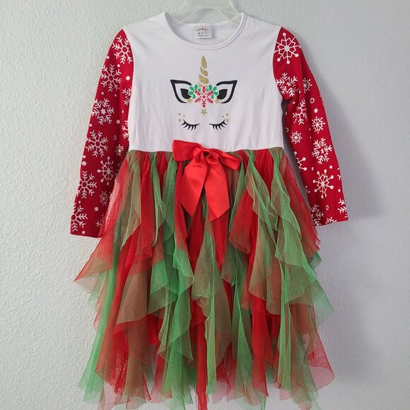 Girls Christmas Unicorn Tutu Dress Red and Green Size 4–5Y - Picture 1 of 11